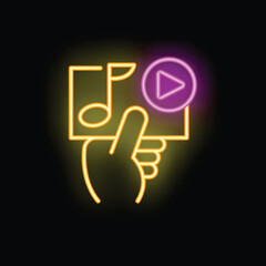 Neon sign representing a hand holding a smartphone playing music and video with a play button and a musical note
