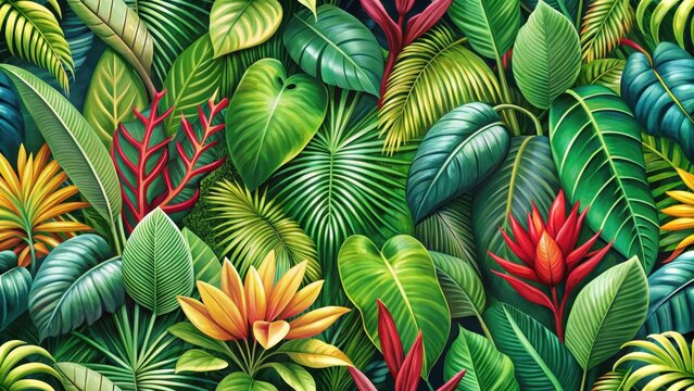 Tropical foliage with vibrant green leaves and colorful exotic plants intertwined in a seamless pattern, leaves, greenery