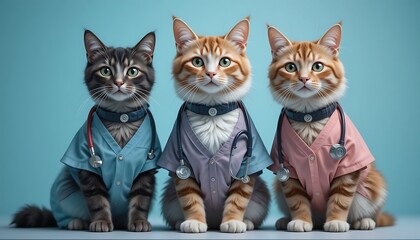 Three adorable kittens dressed as doctors, sitting side by side wearing miniature scrubs and stethoscopes, against a light blue background.