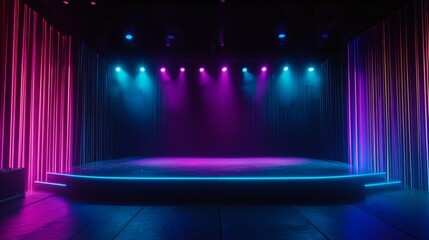 The stage is adorned with a vibrant setup, featuring a dazzling array of colorful lights that illuminate the space, all primed for an exciting performance in a lively entertainment venue