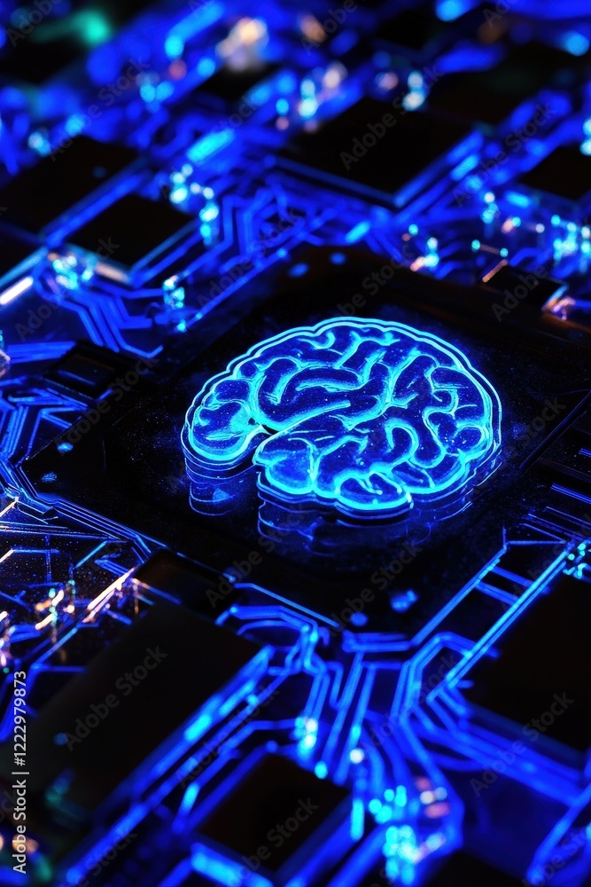 Poster circuit board design with glowing blue brain symbol representing artificial intelligence and technol