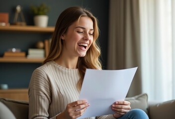 Young woman excitedly reading university acceptance letter