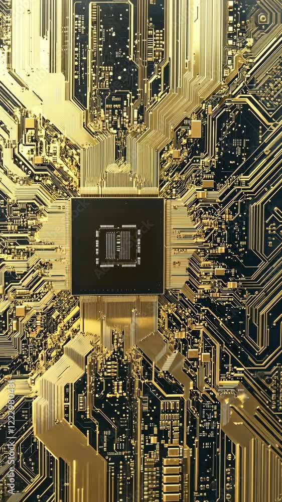 Poster intricate gold and black circuit board design showcasing advanced technology and complex circuitry