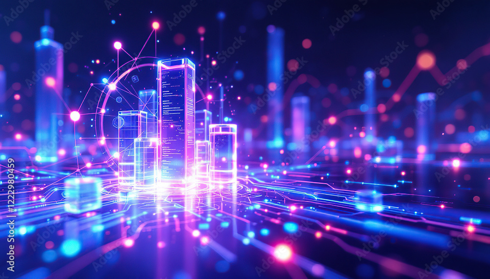 Poster digital cityscape illuminated by neon data streams
