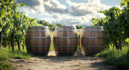 Wine barrels arranged in a vineyard with lush greenery and bright skies in the background