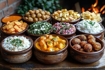 A delicious spread of various dishes including rice potatoes and flavorful stews perfect for a shared meal