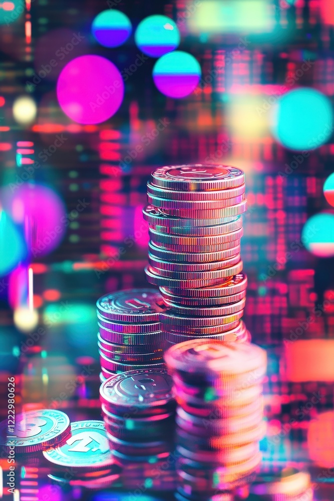 Poster coins stacked on top of each other with colorful bokeh lights in the background, representing financ