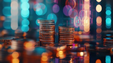 Coins stacked on a table with luminous background, representing investment, savings, and financial growth in digital economy, cryptocurrency, and revenue generation.
