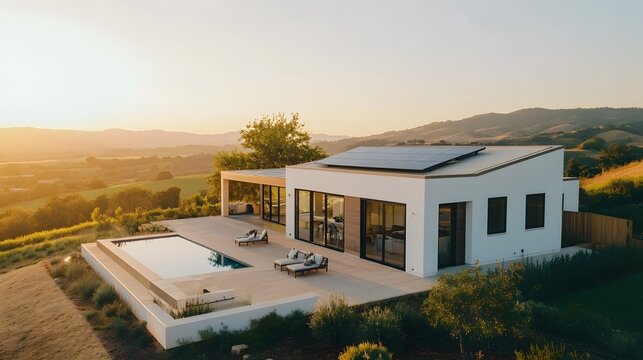 Stunning modern home with rooftop solar panels enjoying scenic mountain views and sunlit outdoor