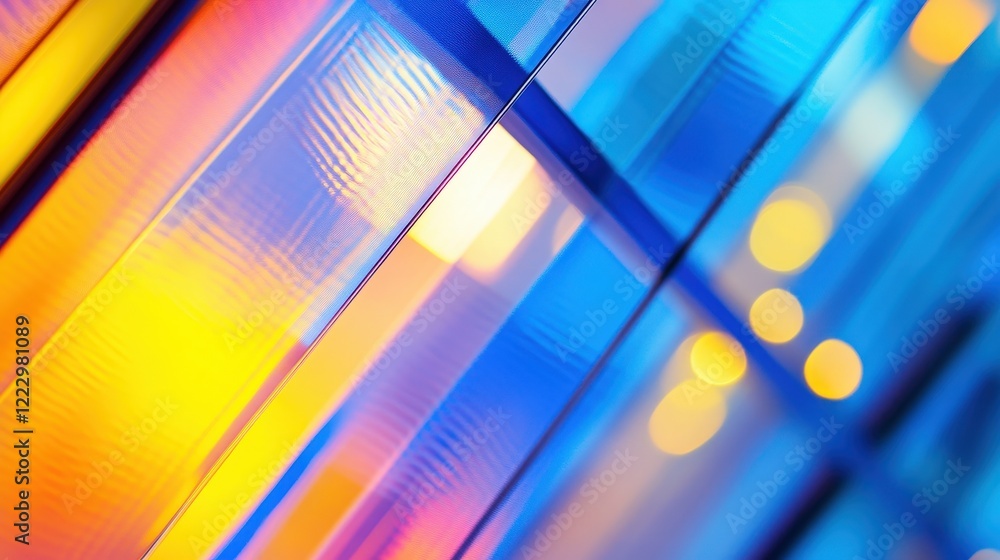 Poster colorful abstract design with vibrant blue and orange patterns, reflecting light and creating modern