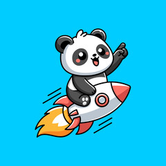 A cute cartoon panda riding a rocket and pointing upward, symbolizing success, startup launch, or future growth and adventure