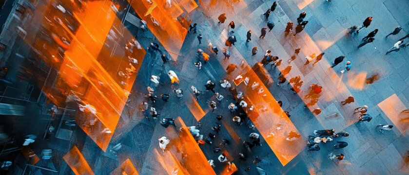 Crowd of people walking in an urban city street with modern architecture and vibrant colors, showcasing urban lifestyle, city life, and social interaction.