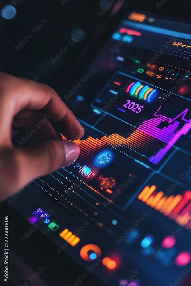 Poster data analysis on tablet with vibrant financial graphs and charts for investment strategies. technolo