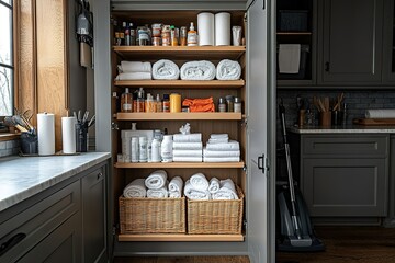 Organized linen and cleaning supply closet with neatly stacked towels and toiletries