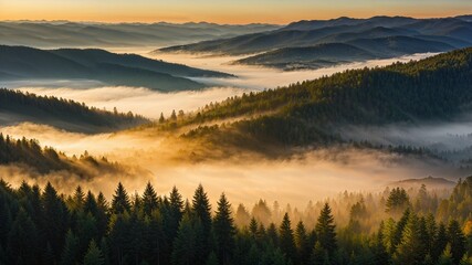 Misty sunrise over lush green forests and golden valleys, with rolling hills creating a serene and breathtaking view