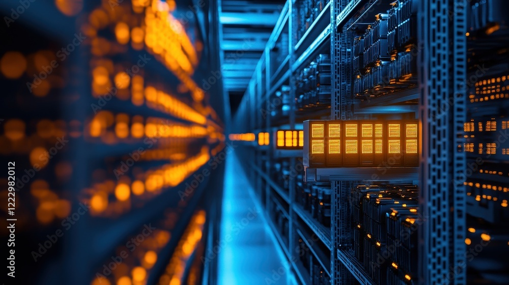 Poster data center, it infrastructure with illuminated server racks and cables, showcasing high-tech digita