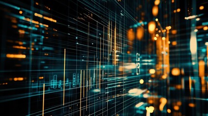 Data visualization, digital network and abstract technology background with glowing lines and nodes representing financial analytics and market trends.