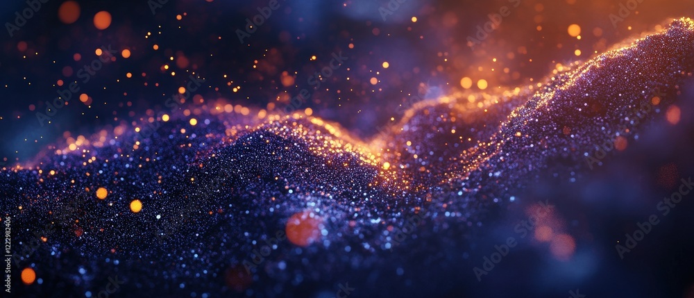 Poster digital abstract background showcasing vibrant light trails and particles in a cosmic space, emphasi
