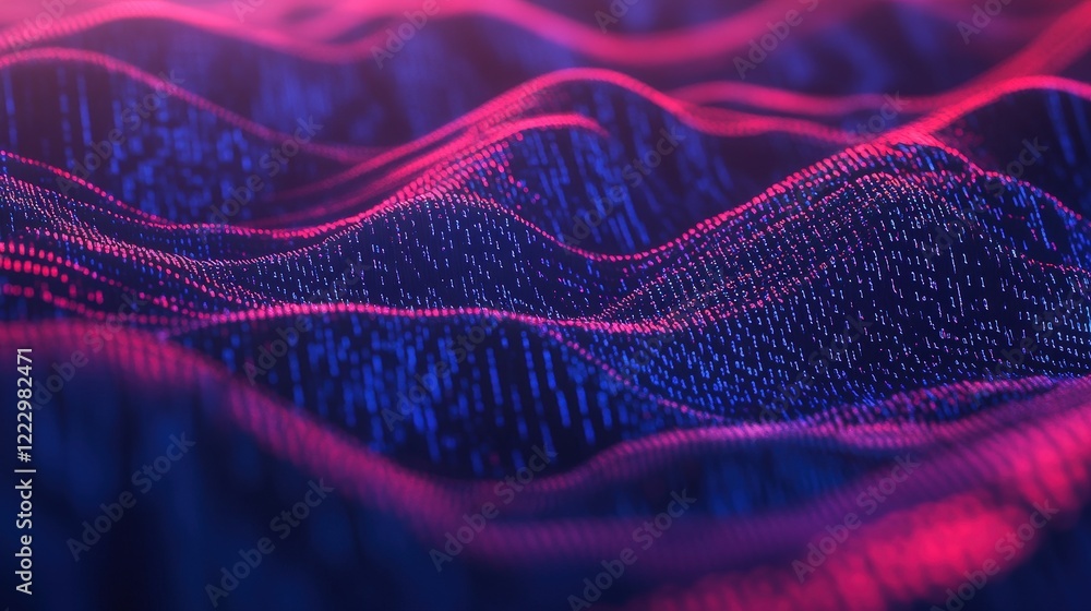 Poster digital abstract waves in vibrant pink and blue, representing data visualization, technology, and in