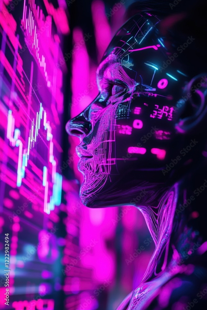 Poster digital analysis featuring a futuristic profile against glowing financial data and charts. visual re