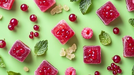 Natural and healthy snack food fruit pastille from apples raspberry and currant on a green background