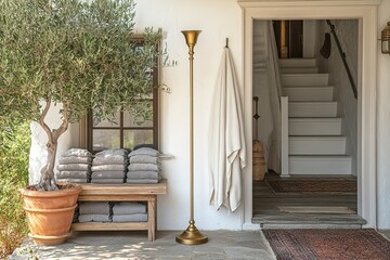 A golden floor lamp stands beside a stack of towels near an olive tree and an entrance to a staircase