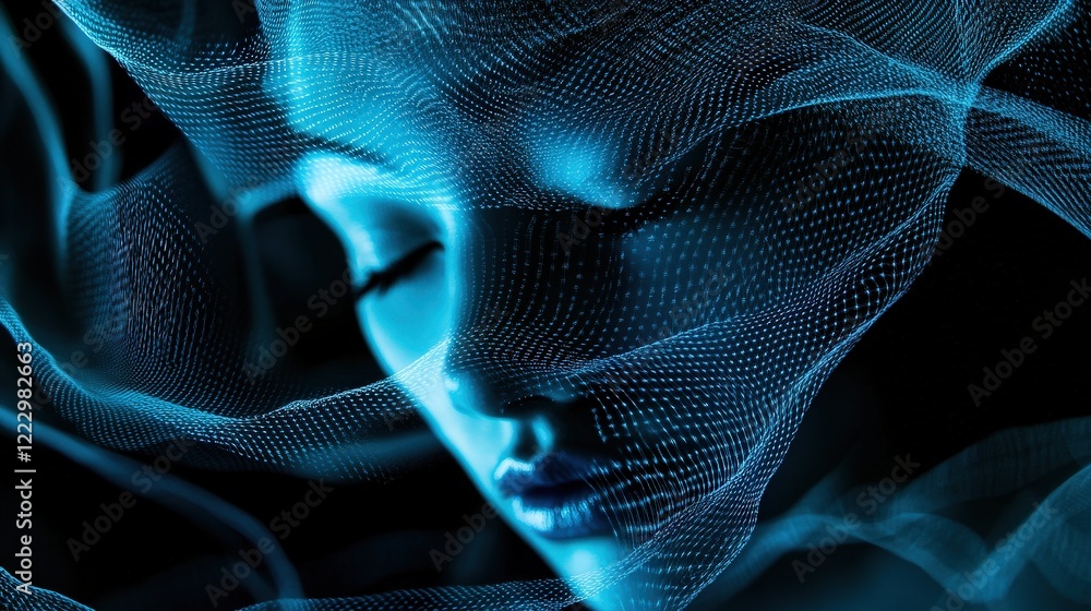 Poster digital art representation of a womans face with abstract blue mesh overlay, showcasing futuristic t