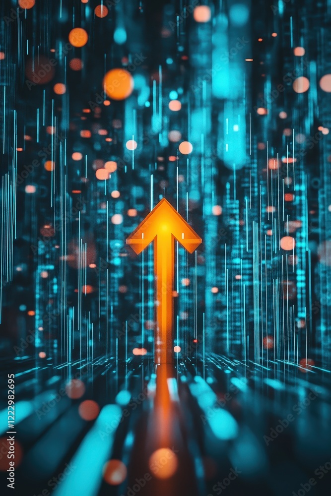 Poster digital background with an upward arrow representing growth, technology, and data analytics. concept