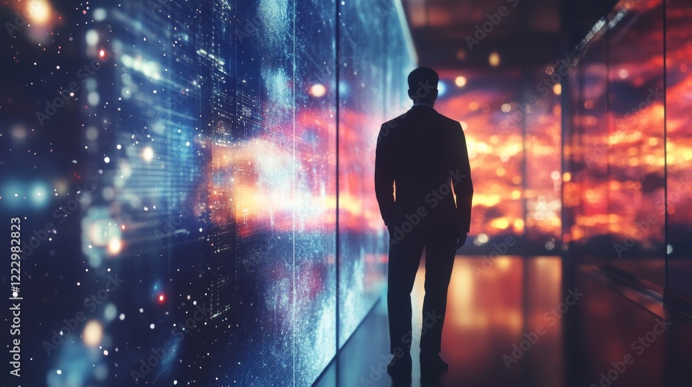 Poster a shadowy figure stands in a cutting-edge, futuristic environment during nighttime, surrounded by da