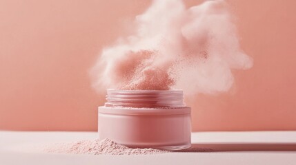 Pink cosmetic powder jar on pink background with dust cloud