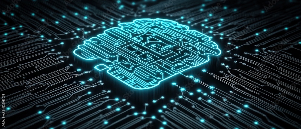 Poster digital circuit board with glowing blue lines, symbolizing technology, innovation, and artificial in