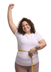 Weight loss. Happy plus size woman measuring waist with tape on white background