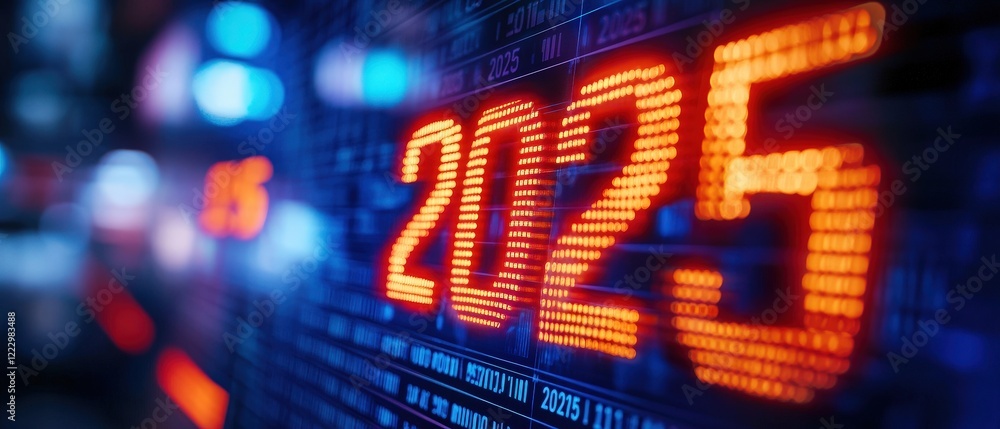 Poster Digital display showing the year 2025 with glowing numbers against a futuristic background, symbolizing technology advancements and future trends in various industries.
