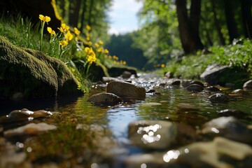 Serene Forest Stream, tranquil water flowing over mossy rocks, lush greenery surrounding, inviting atmosphere, immersive perspective, deep natural beauty