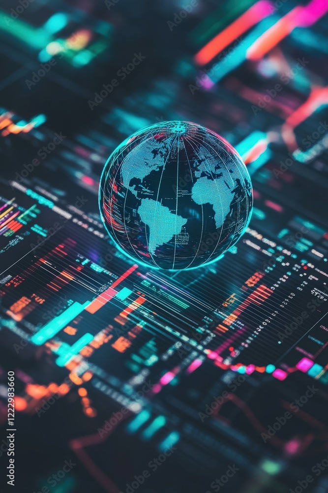 Poster digital globe overlay on data analytics and financial graphs, representing global economy trends, bl