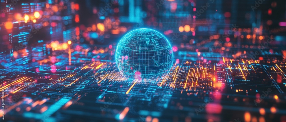 Poster digital globe, technology and data visualization in a futuristic network with vibrant neon colors. c