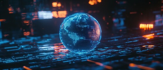 Digital globe, abstract data visualization and technology concept. Global connections, virtual network, and digital transformation in a futuristic environment.