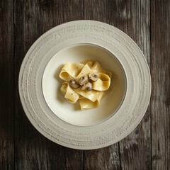 Rustic Tagliatelle Pasta Dish with Mushrooms and Herbs on Wooden Table