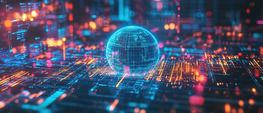 Digital globe, technology and data visualization in a futuristic network with vibrant neon colors. Cybersecurity, AI innovation, and global connectivity concept.