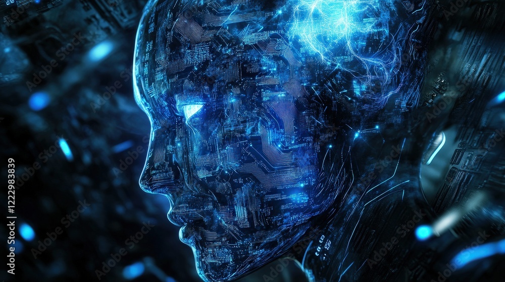 Poster digital human face created with circuit technology and glowing blue lights, representing artificial 