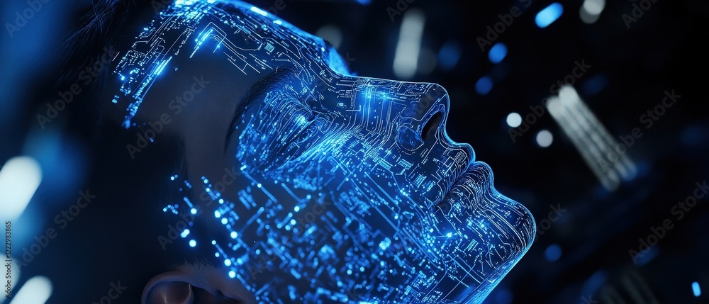 Poster digital human face projection with integrated circuits representing artificial intelligence technolo