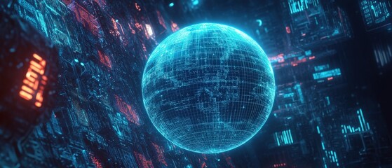 Digital globe with futuristic data visualization in a technical environment showcasing technology, cyberspace, and global connectivity for modern innovations.