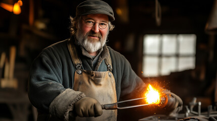 Photo of a blacksmith in gloves holding a glowing piece of metal with tongs, smiling in a traditional workshop.