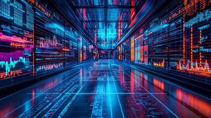 Futuristic Data Center with Neon Lights and Digital Displays