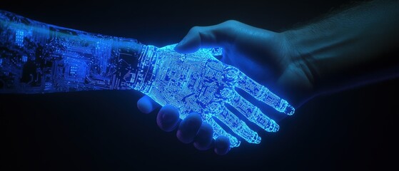 Digital handshake between human hand and robotic hand, symbolizing collaboration between technology and humanity in artificial intelligence and innovation fields.