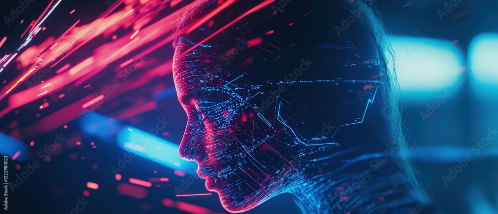 Poster digital human head silhouette with glowing circuit patterns, exploring concepts of artificial intell