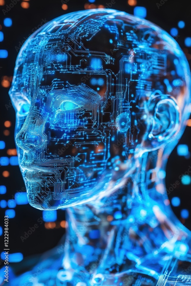 Poster digital human head with futuristic circuit design and glowing blue lights representing artificial in