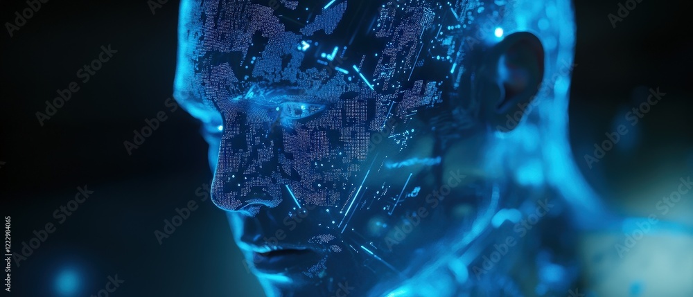 Poster digital human model with futuristic technology elements and glowing data patterns, symbolizing ai, v