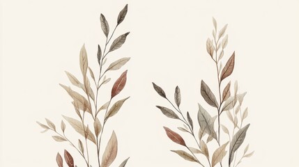 Watercolor painting of muted brown and beige leaves and branches on a white background.
