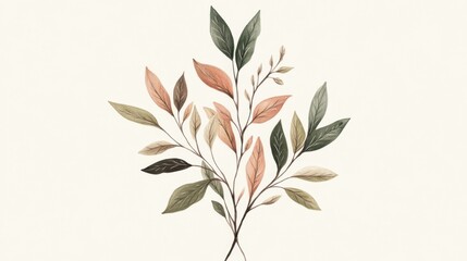 Naklejka premium Watercolor painting of muted green and peach leaves and branches.